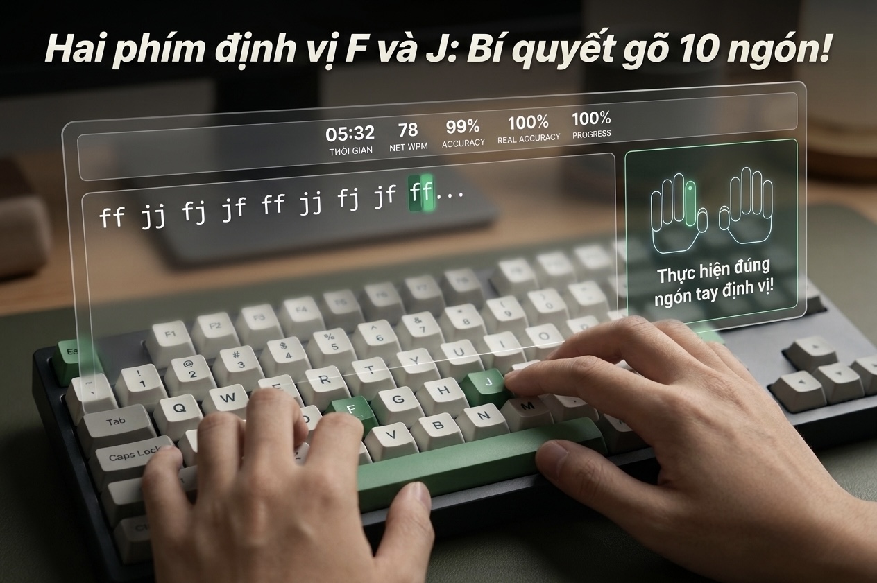 Minh họa đặt tay trên bàn phím, định vị ngón trỏ tại F và J